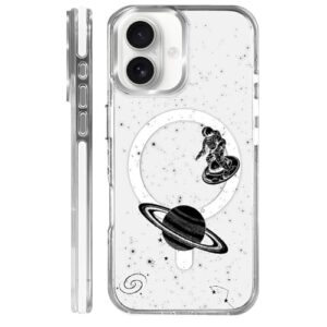 MQJCYB Capa magnética para iPhone 16 Plus com design em base transparente, compatível com MagSafe, capa protetora fina de TPU macio para celular feminina e meninas astronauta Galaxy Earth Cycling