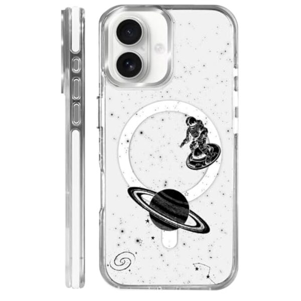 MQJCYB Capa magnética para iPhone 16 Plus com design em base transparente, compatível com MagSafe, capa protetora fina de TPU macio para celular feminina e meninas astronauta Galaxy Earth Cycling