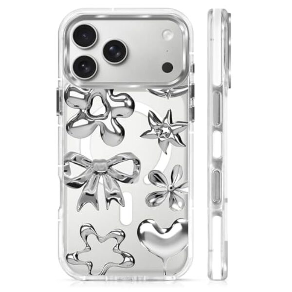 MQJCYB Capa magnética para iPhone 17 Pro Max com design em base transparente, compatível com MagSafe, capa protetora fina de TPU macio para celular feminina e meninas, imitação de laço de flor de