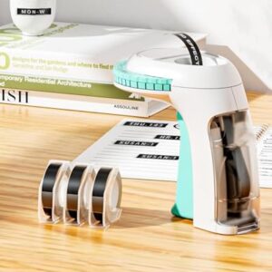 Máquina de fazer etiquetas em relevo 3D com fitas, etiquetadora manual com 3 rolos de 9 mm x 3 m de etiquetas para casa, escritório e artesanato DIY, branco e verde