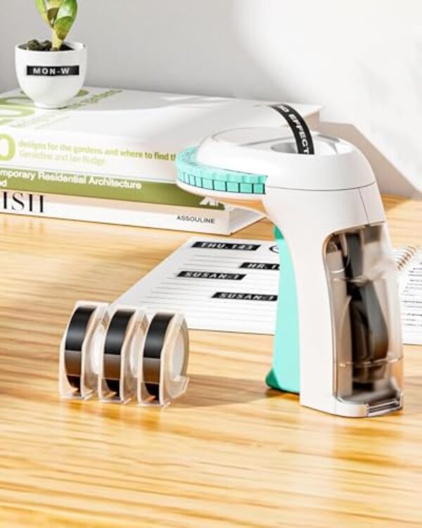 Máquina de fazer etiquetas em relevo 3D com fitas, etiquetadora manual com 3 rolos de 9 mm x 3 m de etiquetas para casa, escritório e artesanato DIY, branco e verde