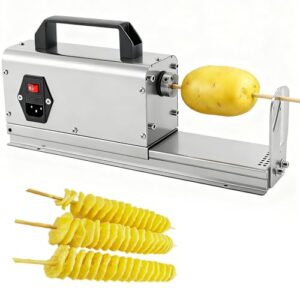 Máquina elétrica para cortar batatas em espiral, com dois conjuntos de lâminas: 2 mm e 2,5 mm de espessura. Cada conjunto de lâminas possui três funções. Ideal para uso doméstico e comercial.