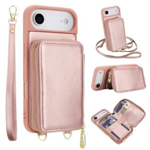 MRRSIWEI Capa tipo carteira transversal para Apple iPhone 17 Air, couro PU com compartimentos para cartões, suporte de cordão, capa à prova de choque para Apple iPhone Air. Bolsa rosa