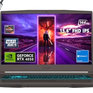 MSI Notebook para jogos fino de 15 15,6 polegadas 144 Hz, AMD R5-7535HS, RTX 4050, Windows 11, com HDMI (32 GB de RAM | SSD PCIe de 1 TB)