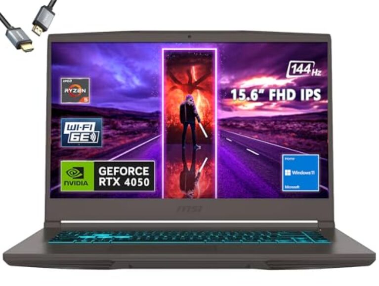 MSI Notebook para jogos fino de 15 15,6 polegadas 144 Hz, AMD R5-7535HS, RTX 4050, Windows 11, com HDMI (32 GB de RAM | SSD PCIe de 1 TB)