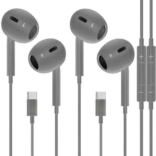 Mutsrd Pacote com 2 fones de ouvido USB C para iPhone 16/15 tipo C, fones de ouvido com fio com microfone e controle remoto, cancelamento de ruído para iPad Pro, Galaxy S23/S22/S21/S20/Ultra Note 10