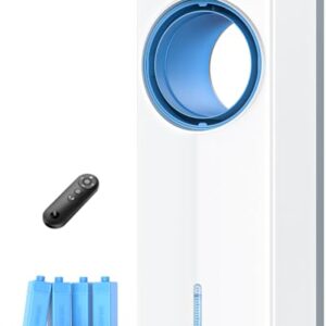 MYICY Ar condicionado sem janelas, refrigerador de ar evaporativo sem lâmina de 68.6 cm com 4 modos e 3 velocidades, tanques duplos, 4 pacotes de gelo, controle remoto de 7 m, temporizador de 7H, ar