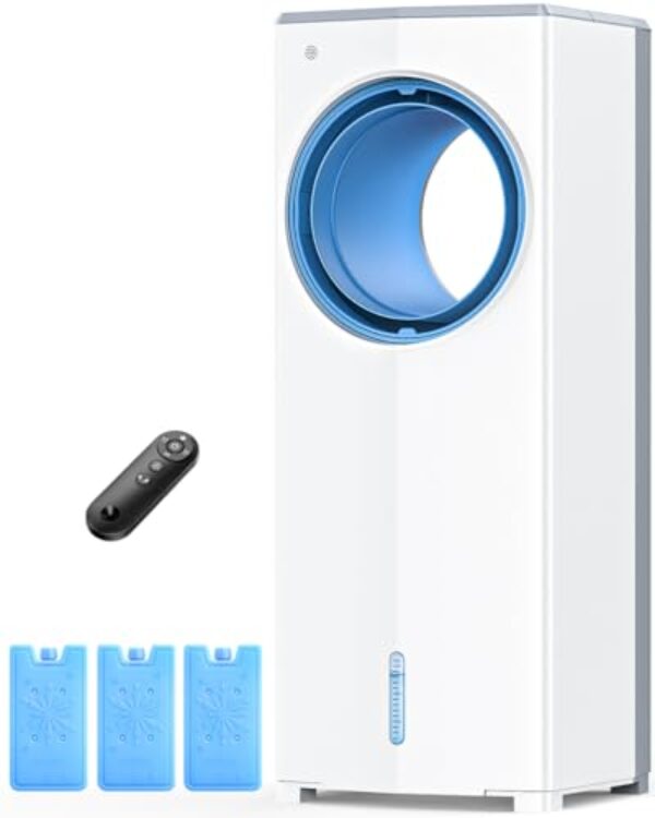 MYICY Ar condicionado sem janelas, refrigerador de ar evaporativo sem lâmina de 68.6 cm com 4 modos e 3 velocidades, tanques duplos, 4 pacotes de gelo, controle remoto de 7 m, temporizador de 7H, ar