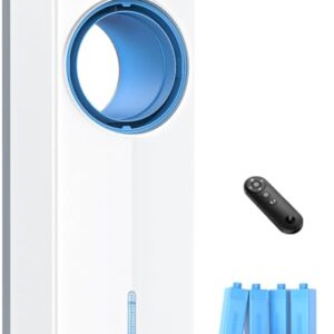 MYICY Ar condicionado sem janelas, refrigerador de ar evaporativo sem lâmina de 68.6 cm com 4 modos e 3 velocidades, tanques duplos, 4 pacotes de gelo, controle remoto de 7 m, temporizador de 7H, ar