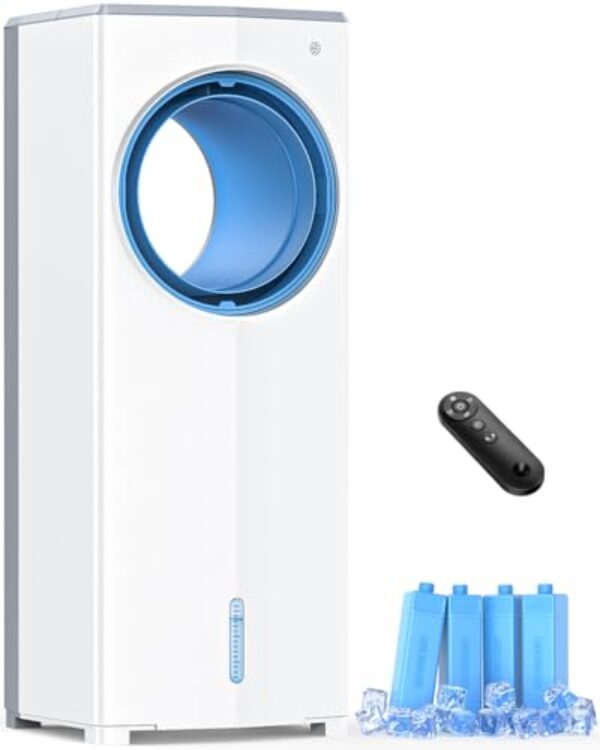 MYICY Ar condicionado sem janelas, refrigerador de ar evaporativo sem lâmina de 68.6 cm com 4 modos e 3 velocidades, tanques duplos, 4 pacotes de gelo, controle remoto de 7 m, temporizador de 7H, ar