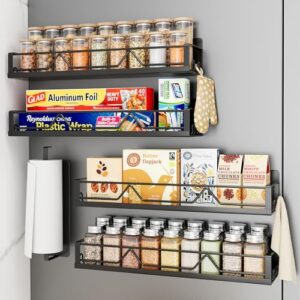 Mystozer Prateleira magnética para temperos de 42 cm de largura e grande capacidade para geladeira, pacote com 5, prateleira de geladeira de metal, preta