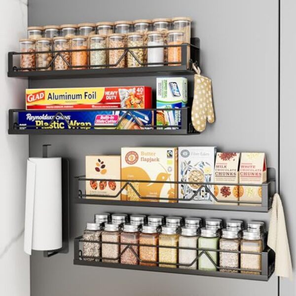 Mystozer Prateleira magnética para temperos de 42 cm de largura e grande capacidade para geladeira, pacote com 5, prateleira de geladeira de metal, preta