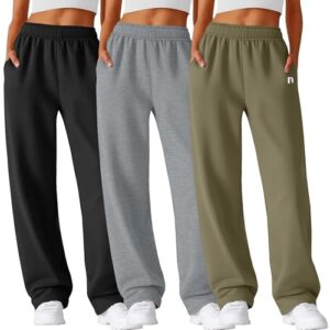 Neer Pacote com 3 calças de moletom femininas de perna larga, calça jogger atlética, cintura elástica, folgada, perna reta e bolsos, Preto, cinza claro, verde-oliva, G