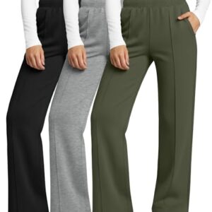 Neer Pacote com 3 calças de moletom femininas de perna larga, cintura alta, folgadas, para ioga, calça jogger com bolsos para outono, Verde militar, cinza claro, preto, GG