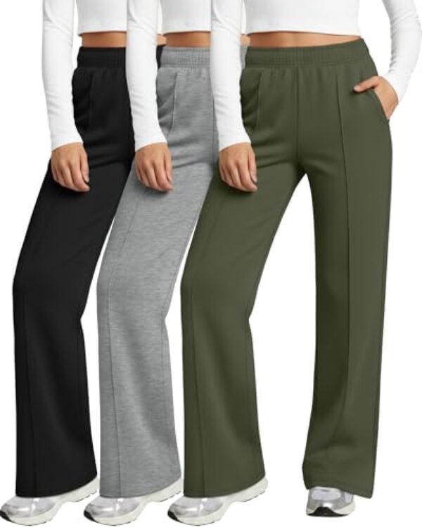 Neer Pacote com 3 calças de moletom femininas de perna larga, cintura alta, folgadas, para ioga, calça jogger com bolsos para outono, Verde militar, cinza claro, preto, GG
