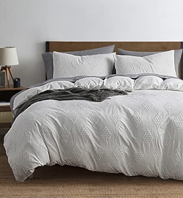 Nestl Conjunto de capa de edredom boho queen tufado com enchimento de edredom alternativo acolchoado – branco paragon – conjunto texturizado de 4 peças inclui capa de edredom com enchimento e 2