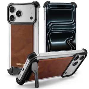 NIFBANG Capa de couro para iPhone 17 Pro Max com suporte, traseira de couro sem moldura fina de metal antiarranhões, airbag à prova de choque, capas protetoras para celular i Phone 17 Promax sem