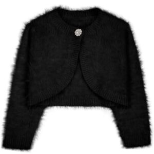 NikNio Cardigã feminino de manga comprida bolero fofo frente aberta com fecho de botão para outono inverno 5-14 anos, Preto, 9-10 Anos