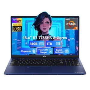 NIMO 15.6" IPS FHD-Gaming-Laptop, 8 Cores Ryzen 7 7735HS 16GB DDR5 RAM 1TB SSD (Beats i7-12650H) Computer with Radeon 680M 100W Type-C Backlit Keyboard Fingerprint, for Gaming Business