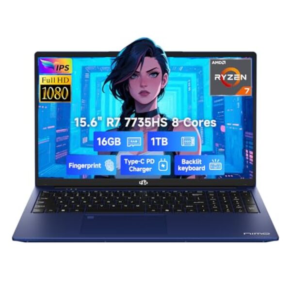 NIMO 15.6" IPS FHD-Gaming-Laptop, 8 Cores Ryzen 7 7735HS 16GB DDR5 RAM 1TB SSD (Beats i7-12650H) Computer with Radeon 680M 100W Type-C Backlit Keyboard Fingerprint, for Gaming Business
