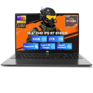 NIMO 15.6" IPS FHD-Gaming-Laptop, Ryzen 7 8745HS 32GB DDR5 RAM 2TB SSD (8C/16T, up to 4.9GHz) Radeon 780M Graphics Business Computer with 100W Type-C Backlit Keyboard, Fingerprint USB-C 4.0