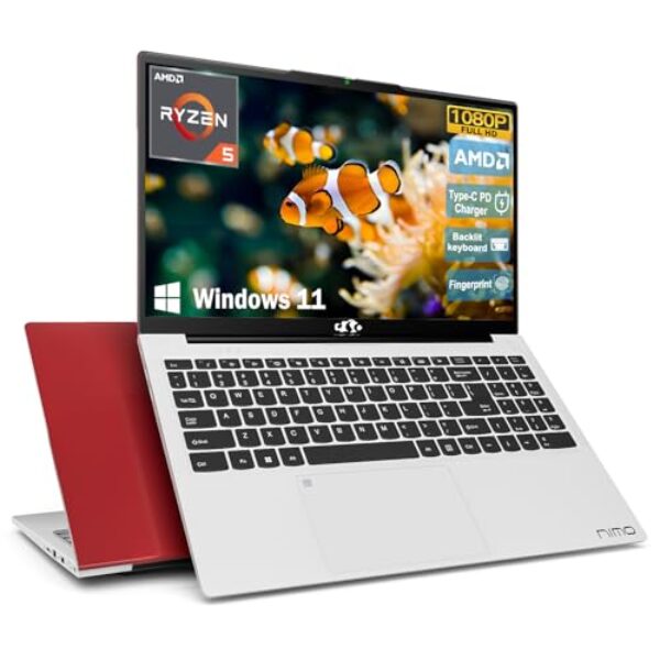 NIMO 15.6 Student-Laptop, Ryzen 5 (Beat i5-1135G7), 8GB RAM 256GB SSD, Radeon Vega 8 GPU, Backlit KB, Type-C PD 65W, Fingerprint Unlock, USB3, 2.0MP Camera, Win 11 Notebook for Business Study Work
