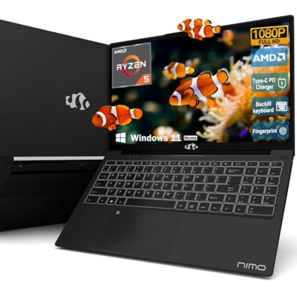 NIMO 15.6 Student-Laptop, Ryzen 5 (Beat i5-1135G7), 8GB RAM 256GB SSD, Radeon Vega 8 GPU, Backlit KB, Type-C PD 65W, Fingerprint Unlock, USB3, 2.0MP Camera, Win 11 Notebook for Business Study Work