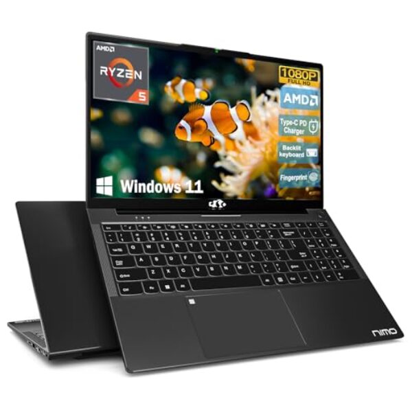 NIMO 15.6 Student-Laptop, Ryzen 5 (Beat i5-1135G7), 8GB RAM 256GB SSD, Radeon Vega 8 GPU, Backlit KB, Type-C PD 65W, Fingerprint Unlock, USB3, 2.0MP Camera, Win 11 Notebook for Business Study Work