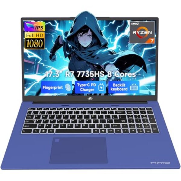 NIMO 17.3" Gaming-Laptop, Ryzen 7 7735HS (8C/16T, Beats i7-12650H) 16GB DDR5 RAM 1TB SSD Computer with Radeon 680M, 100W Type-C Charger, Wi-Fi 6E, 75Wh Battery, Fingerprint, Backlit Keyboard
