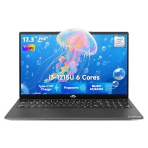 NIMO 17.3" IPS FHD-Laptop, 6 Cores i3-1215U 16GB RAM 256GB SSD (Beat i5-1135G7, Up to 4.4GHz) Computer with 65W Type C Fingerprint Backlit Keyboard, for Home Student and Business
