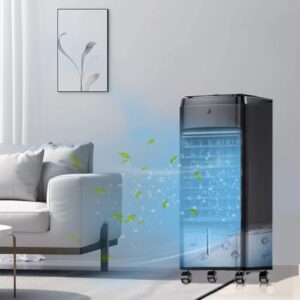 NOMEY Refrigerador de ar evaporativo, 3 em 1 portátil para quarto com 4 modos e 3 velocidades, temporizador de 12 horas, tanque de água desmontável de 1 galão, 4 pacotes de gelo, controlo remoto
