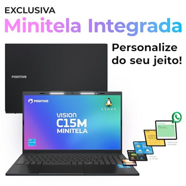 Notebook Positivo Vision C15M Intel Celeron N4500 Linux 8GB RAM 128GB eMMC Tela 15" Full HD IPS Antirreflexo – com Minitela - Cinza