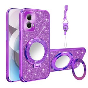 Nuouxoco Capa para Moto G Power 5G 2024 com suporte de anel magnético embutido espelho e alça de pulso capa traseira transparente com glitter cartão TPU macio à prova de choque para Motorola Moto G