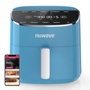Nuwave Brio Plus Air Fryer 8 Qt, novo e melhorado, livre de PFAS, 7 funções digitais de cozimento de um toque que fritar ao ar, assar, desidratar, torrar, reaquecer, pré-aquecer, pré-aquecer, 150