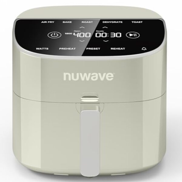 Nuwave Brio Plus Fritadeira a ar de 8 litros, sem PFAS, nova e melhorada, tela sensível ao toque digital, tela branca fria, 10.0 °C ~ 204.4 °C em precisão de 5°, 5 funções de cozimento, 100
