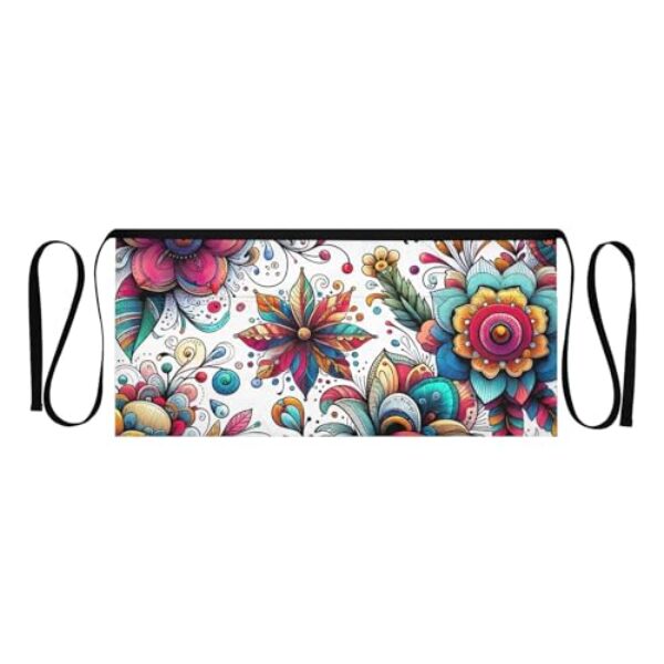 ODAWA Aventais de flamingos tropicais rosa choque avental de servidor com 3 bolsos avental de cintura para adultos 64 x 29 cm, Arte de flor desenhada à mão branca, Tamanho Único