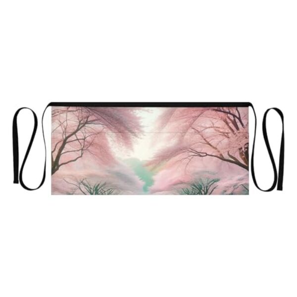 ODAWA Avental de servidor com 3 bolsos, avental de mármore cinza e branco, avental de cintura curta de meio comprimento, Árvore de flor de cerejeira, Tamanho Único