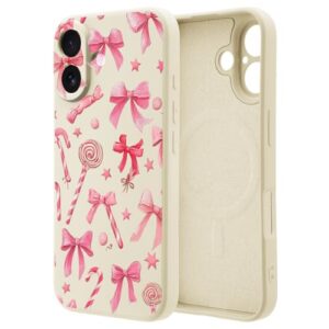 OFQKOAKS Capa para iPhone 17 Pro compatível com MagSafe, linda capa de telefone magnética com laço rosa doce de Natal, silicone líquido branco macio, capa protetora de ajuste fino para mulheres e