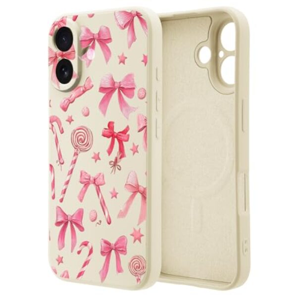 OFQKOAKS Capa para iPhone 17 Pro compatível com MagSafe, linda capa de telefone magnética com laço rosa doce de Natal, silicone líquido branco macio, capa protetora de ajuste fino para mulheres e