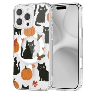 OFQKOAKS Capa para iPhone 17 Pro Max, compatível com MagSafe, linda capa de telefone magnética assustadora de Halloween gato abóbora, capa protetora fina e transparente para iPhone 17 Pro Max