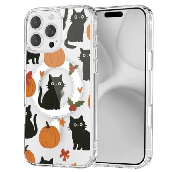 OFQKOAKS Capa para iPhone 17 Pro Max, compatível com MagSafe, linda capa de telefone magnética assustadora de Halloween gato abóbora, capa protetora fina e transparente para iPhone 17 Pro Max