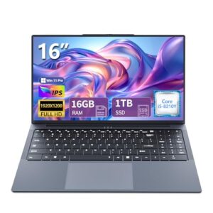 Omnica Laptop i5 2025, laptop de 16 polegadas até 3,60 GHz, laptops tradicionais com 16 GB de RAM SSD de 1 TB, FHD 1920 x 1200, ângulo aberto de 180°, teclado retroiluminado, topo de colo para