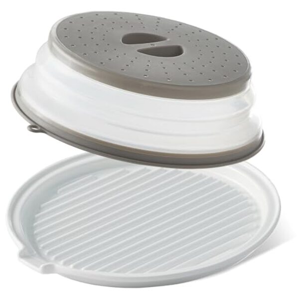 ONEMORE Bandeja de bacon de micro-ondas com tampa de cerâmica para cozinhar no forno, máquina de bacon crocante com tampa – Prato de bacon redondo de 28 cm, branco