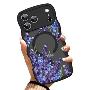 OOK Capa magnética para iPhone 17 Pro de 6,3 polegadas (compatível com MagSafe), moldura ondulada encaracolada, capa de telefone com flores florais roxas lavanda antiarranhões à prova de choque capa