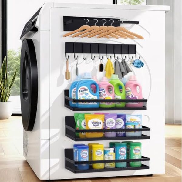 OtterOasis Pacote com 5 prateleiras magnéticas para geladeira e máquina de lavar, organizador magnético de lavanderia, suporte magnético para temperos para geladeira com ganchos versáteis, suporte de