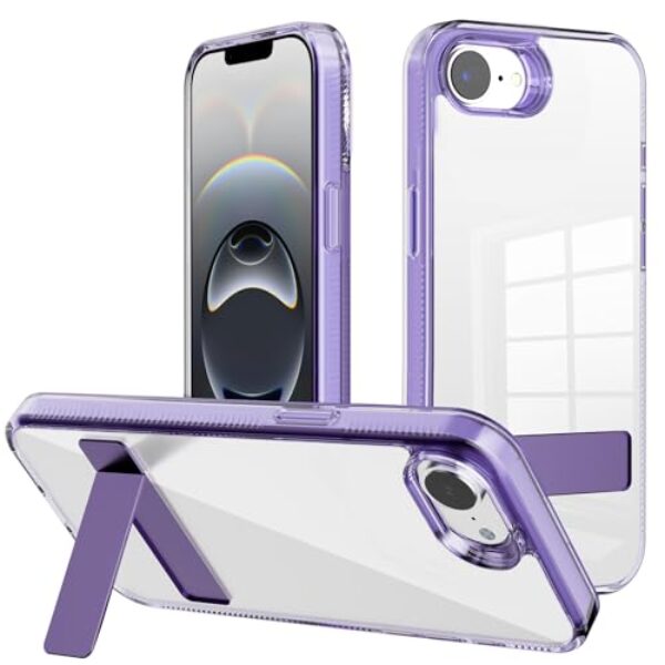 Pacciculn Compatível com capa transparente para iPhone 16e com suporte invisível embutido de metal TPU à prova de choque + acrílico fino transparente, capa de telefone anti-amarelamento - roxa