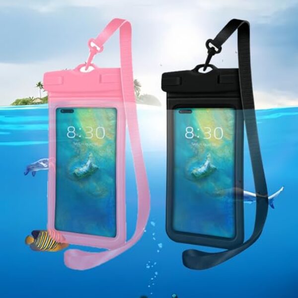 Pacote com 2 bolsas extra grandes à prova d'água, bolsa impermeável flutuante, bolsa subaquática para iPhone 15 14 13 12 11 Pro Max, Galaxy S23 S22 S21 S20 Ultra, Pixel, rosa + preto