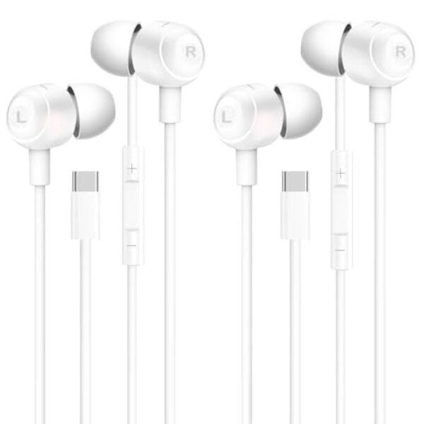 Pacote com 2 fones de ouvido USB C para iPhone 16/15 Pro Max Plus, [certificado MFi] Fones de ouvido tipo C com microfone e controle remoto, fones de ouvido com fio com cancelamento de ruído para iPad