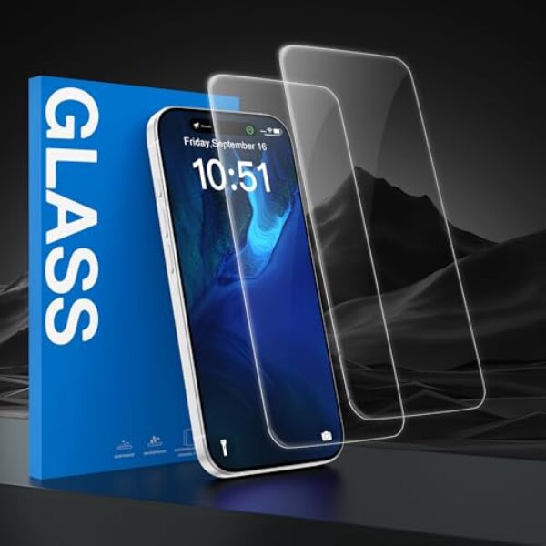 Pacote com 2 protetores de tela para iPhone 16 Plus (6,7 polegadas), película de vidro temperado, grau militar, à prova de estilhaçamento, dureza 9H, ultrarresistente - HD transparente (pacote com 2)