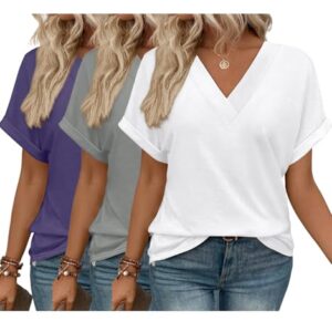 Pacote com 3 camisetas de manga curta gola V para mulheres 2025 moda verão ajuste solto camiseta fofa roupas modernas roupas modernas, Branco, cinza, roxo, P